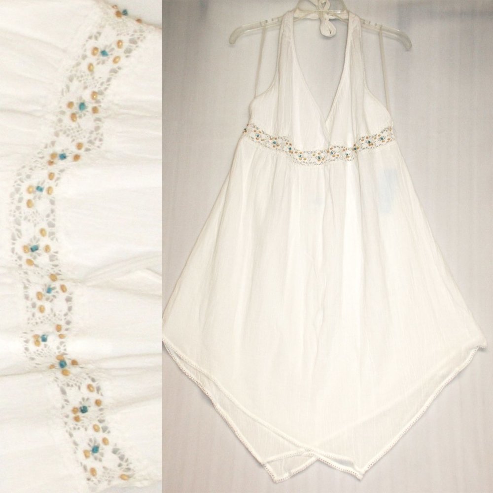 NWT Dotti White Gauze Boho Halter Dress Hankie Hem
